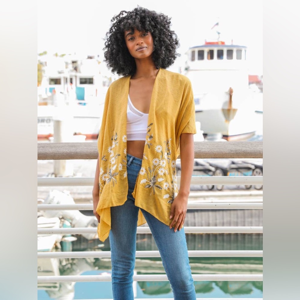 🌼🌸🌿Spring Break Swim cover-up Kimono Daisy One Size Floral Top New Mustard - Picture 2 of 4